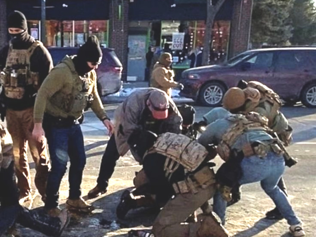 Alex Pretti being murdered by masked federal agents in early 2026